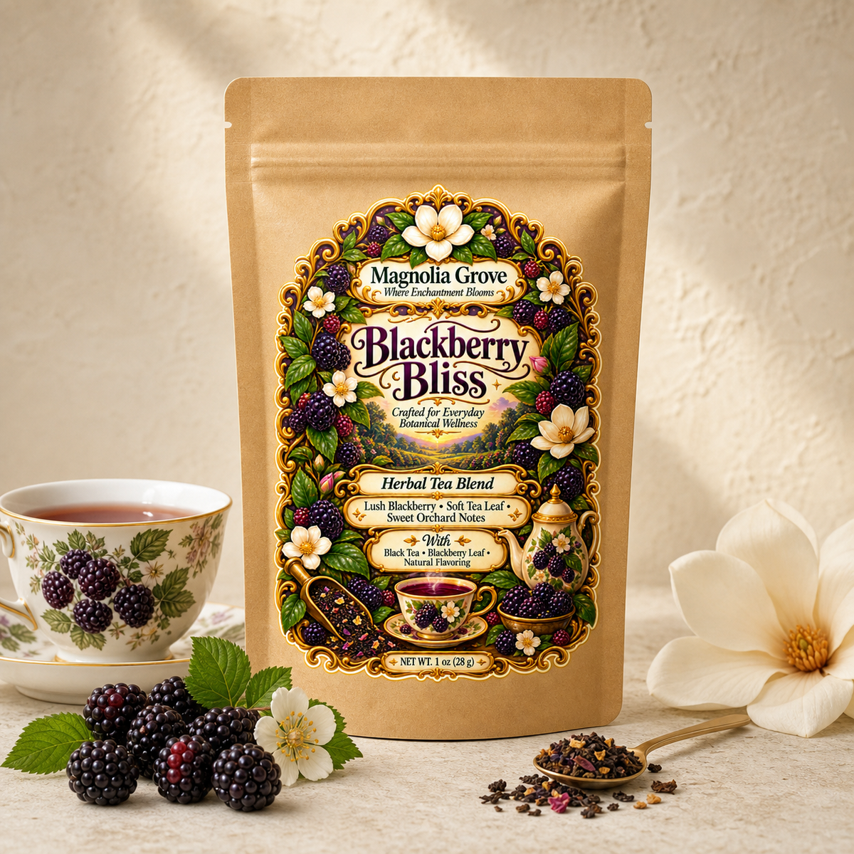 Blackberry Bliss loose-leaf black tea in Magnolia Grove pouch