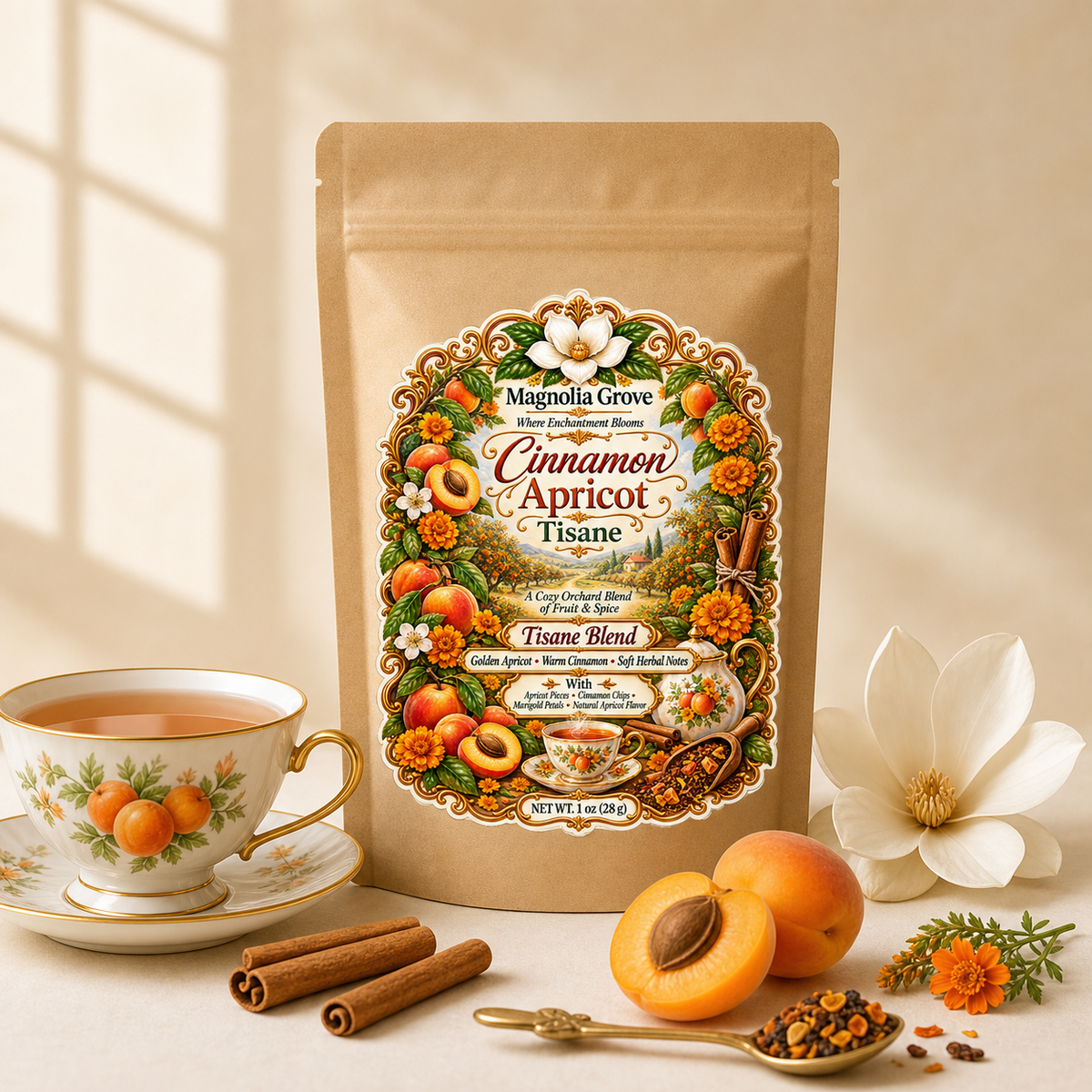 Cinnamon Apricot caffeine-free tisane in Magnolia Grove pouch