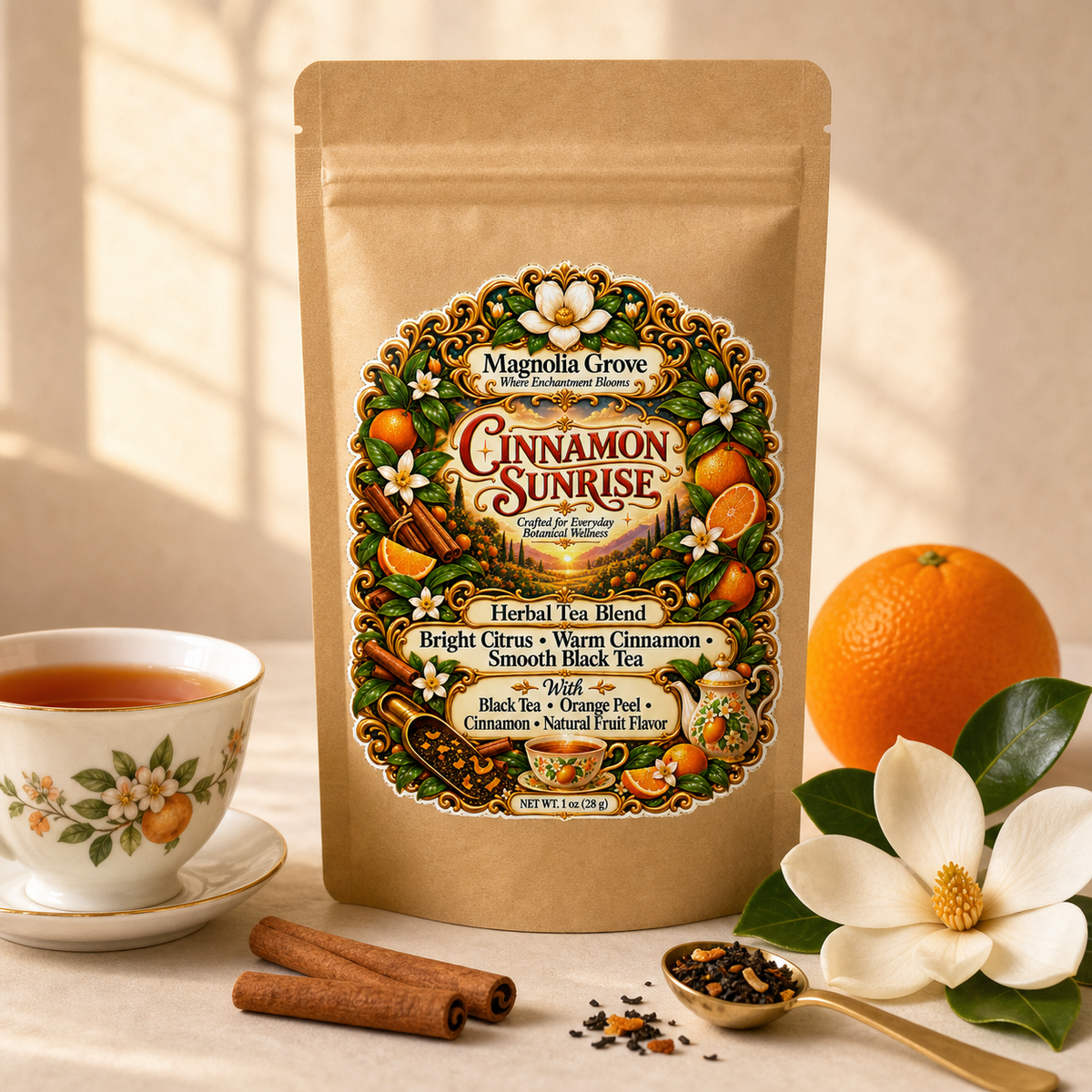 Cinnamon Sunrise spiced black tea in Magnolia Grove pouch