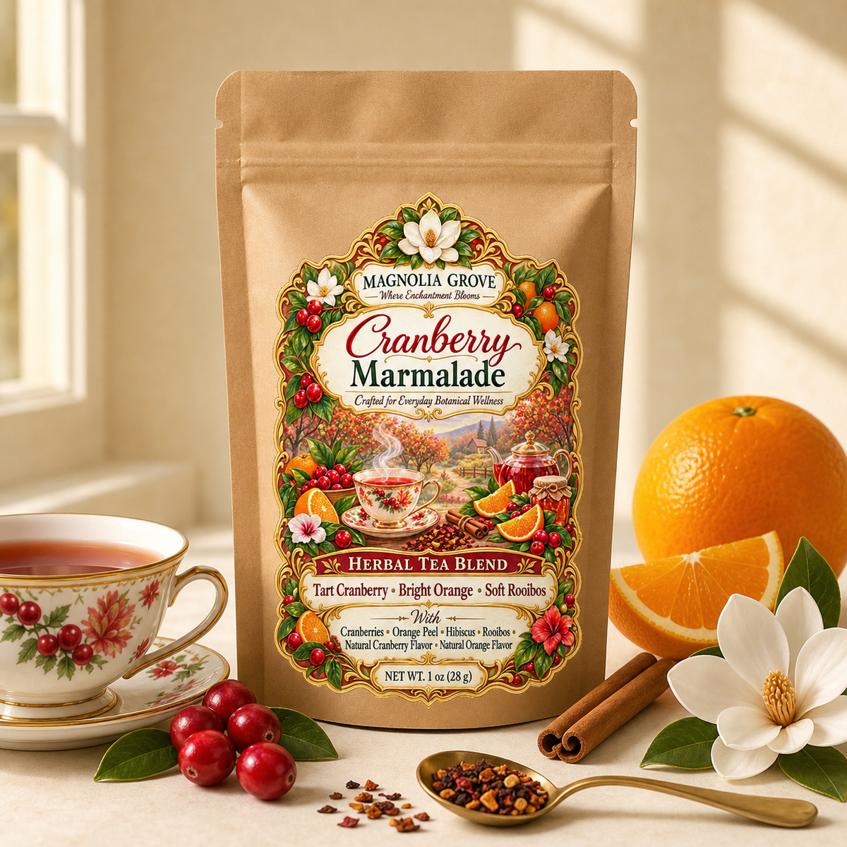 Cranberry Marmalade rooibos and honeybush tisane in Magnolia Grove pouch