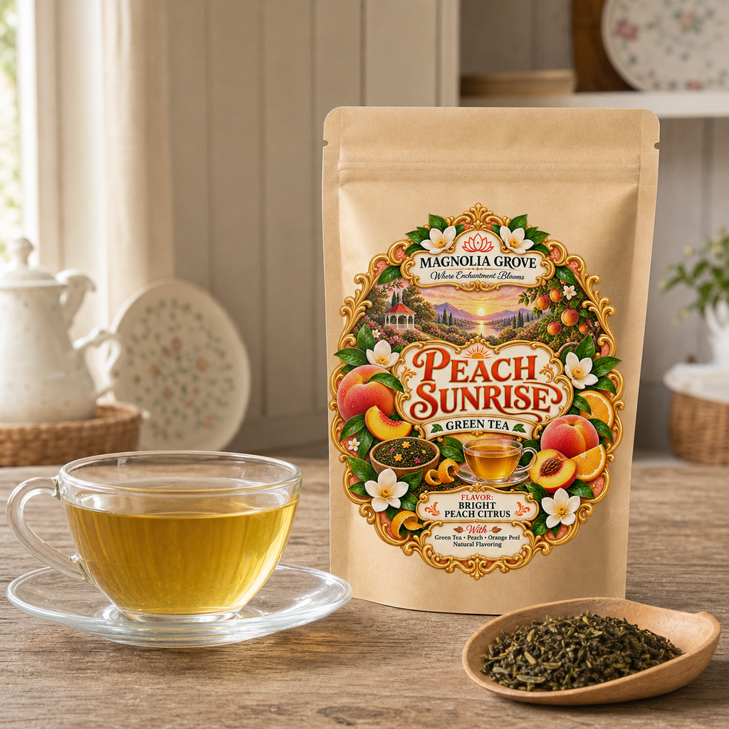 Peach Sunrise loose-leaf green tea in Magnolia Grove pouch