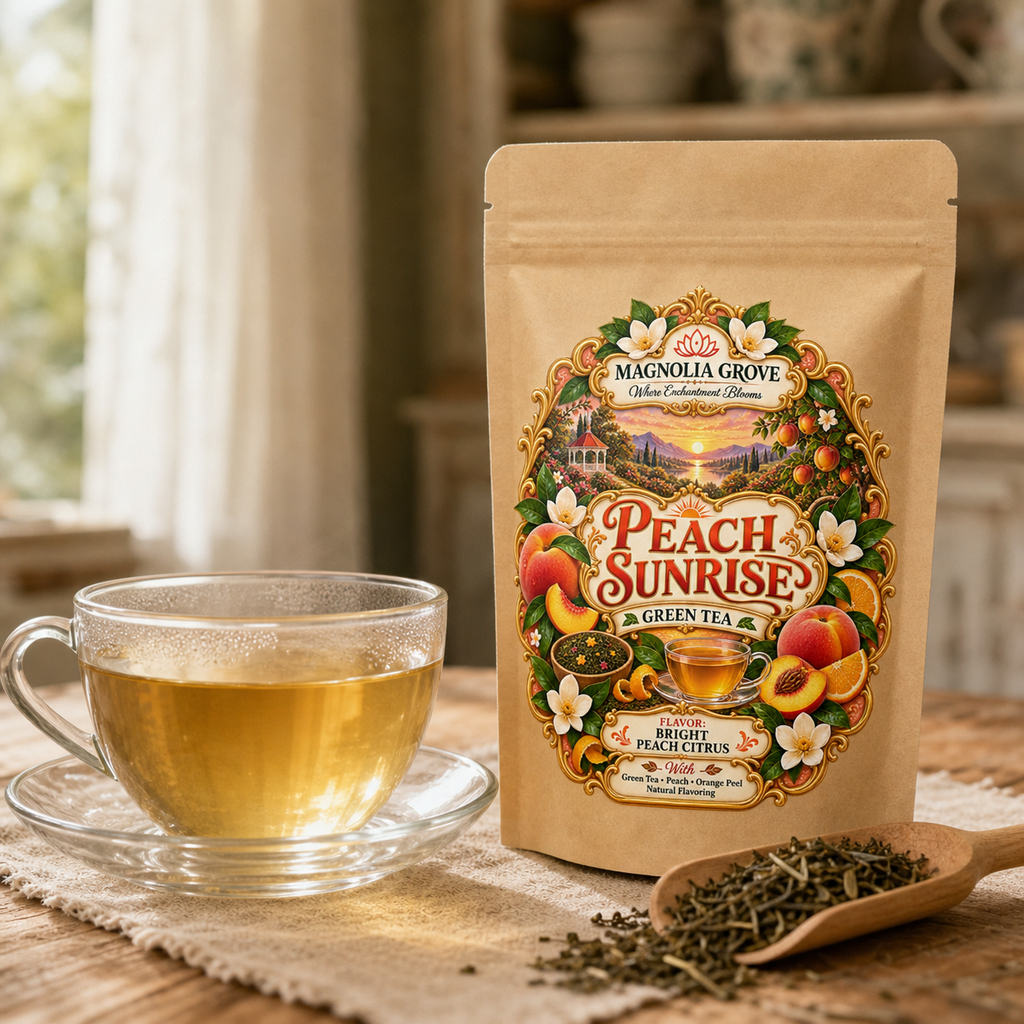 Peach Sunrise green tea with peach and citrus botanicals