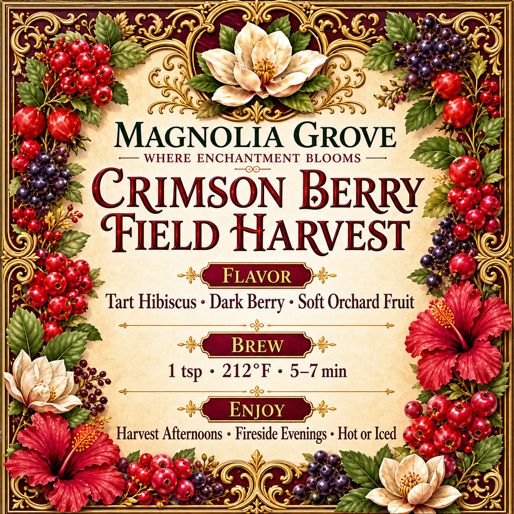 Crimson Berry Field Harvest herbal tea in Magnolia Grove pouch