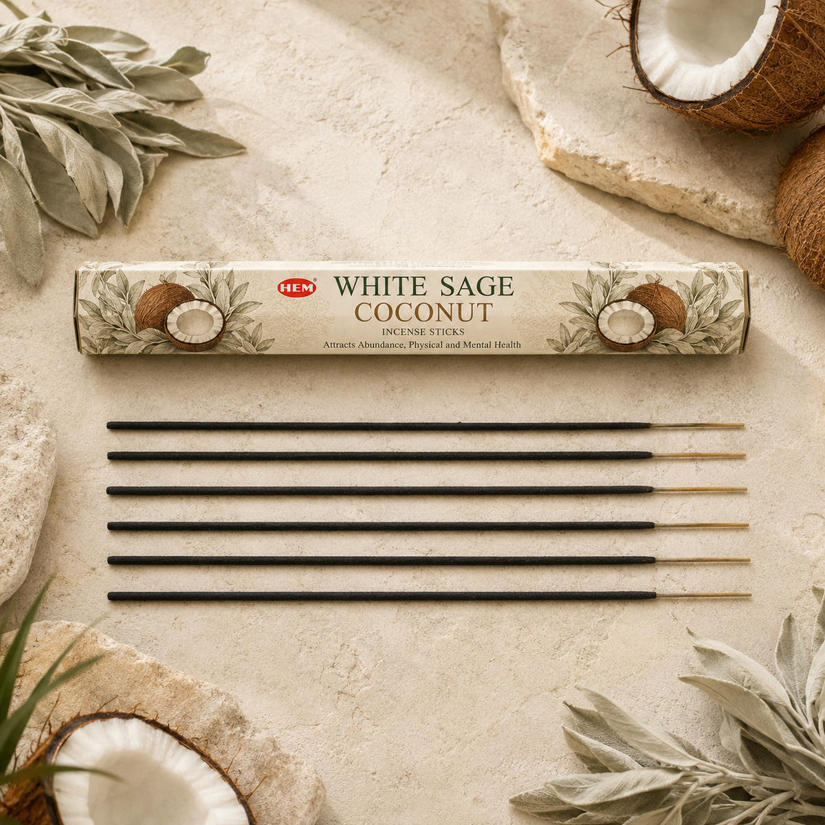 White Sage Coconut incense sticks and aromatic smoke