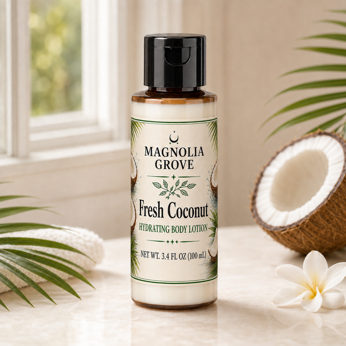 Fresh Coconut Hydrating Body Lotion bottle, 3.4 fl oz, styled with coconut and tropical leaves