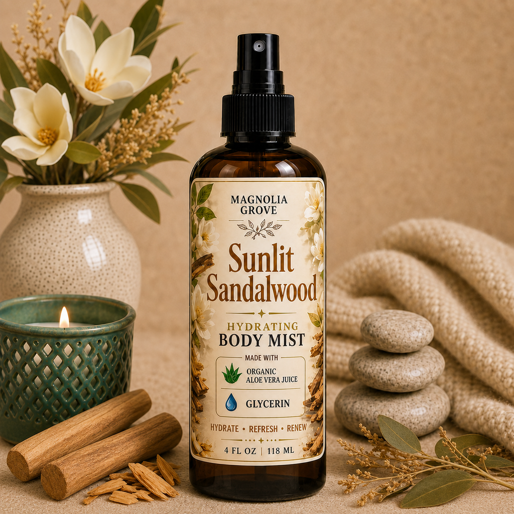 Sunlit Sandalwood hydrating body mist from Magnolia Grove Gifts