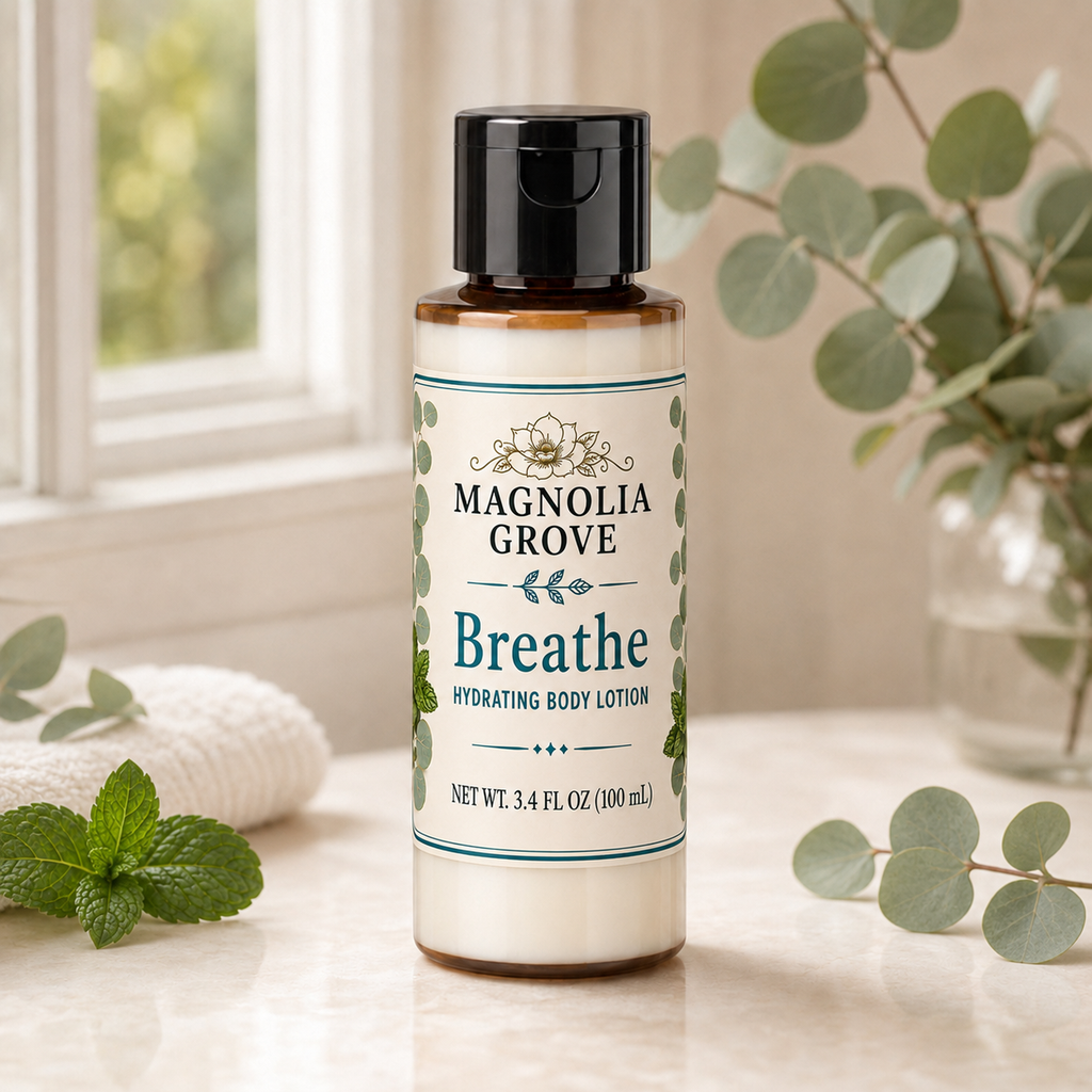 Breathe Hydrating Body Lotion bottle, 3.4 fl oz, styled with eucalyptus and mint greenery
