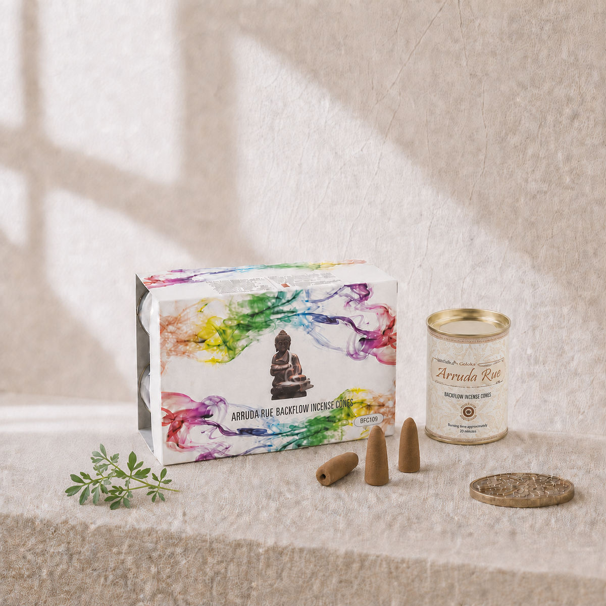 Goloka Arruda Rue Backflow Incense Cones 24 Count package