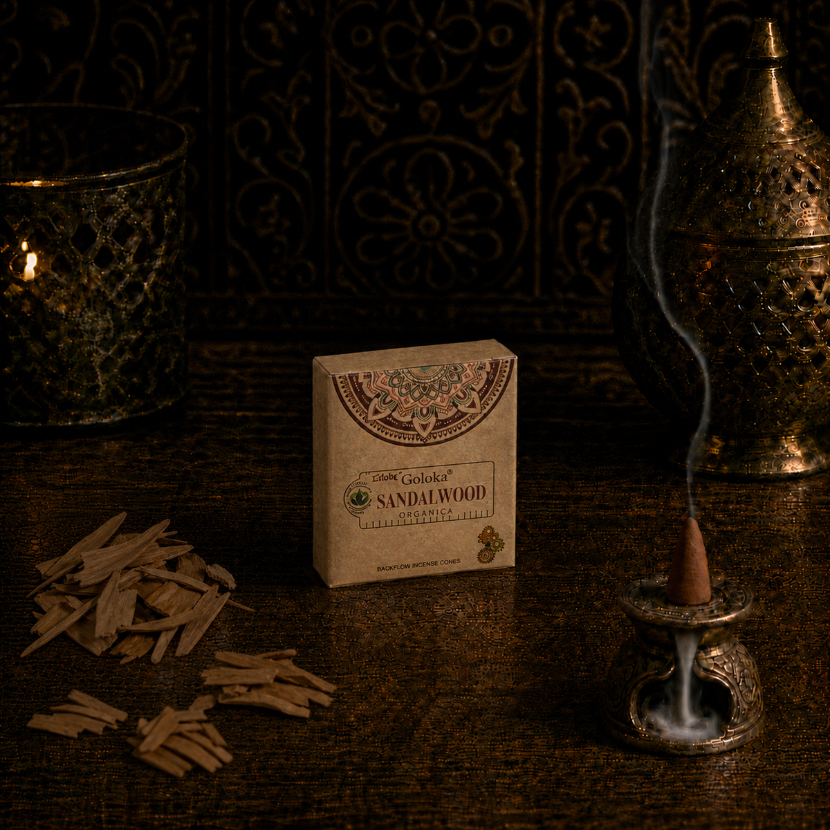Goloka Organica Sandalwood Backflow Incense Cones – 10 Count - dark-lifestyle