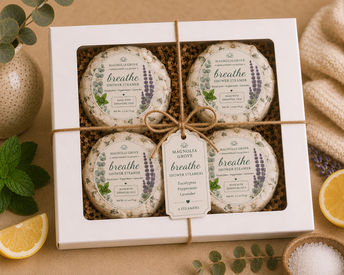 Breathe Shower Steamer package with eucalyptus, peppermint and ravintsara fragrance
