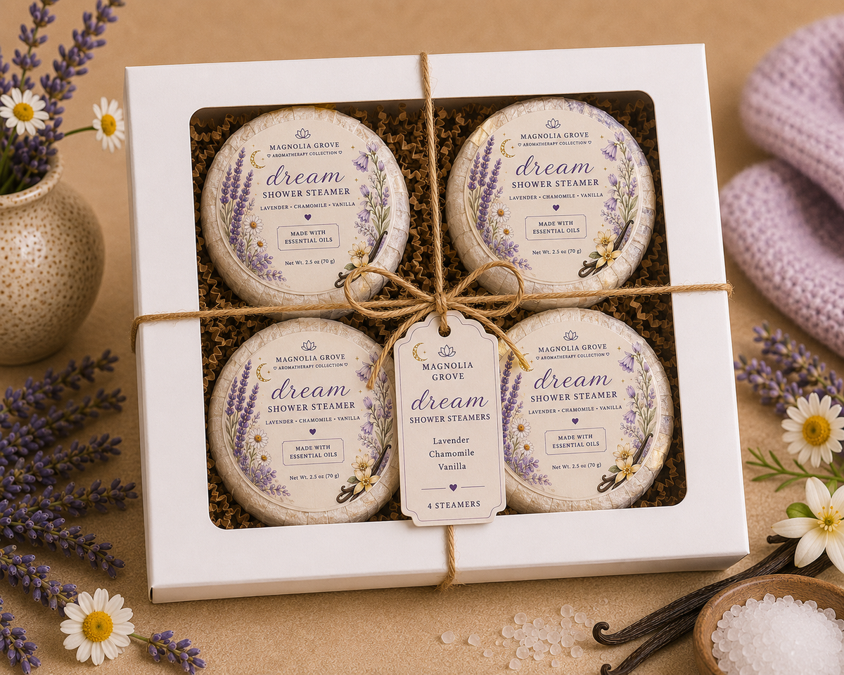 Dream Shower Steamer package with lavender, chamomile and vanilla fragrance