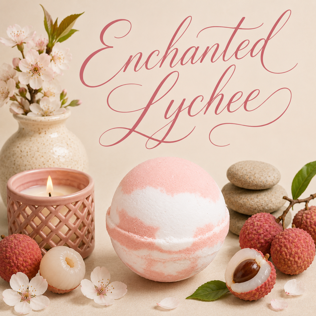 Enchanted Lychee handmade bath bomb by Magnolia Grove Gifts
