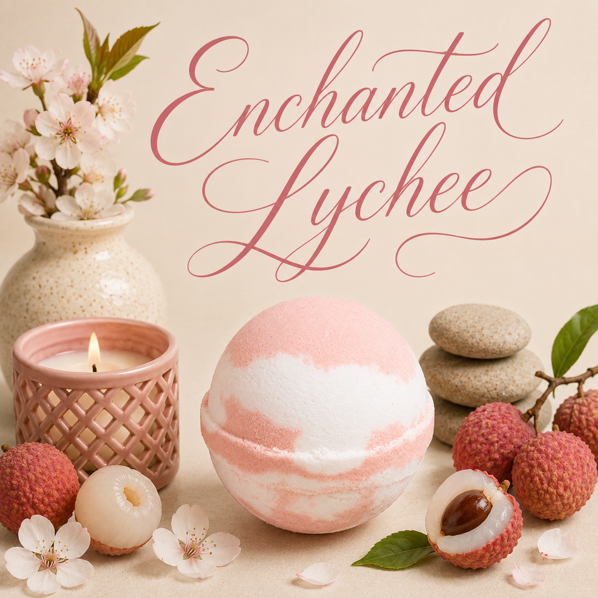 Enchanted Lychee handmade bath bomb by Magnolia Grove Gifts