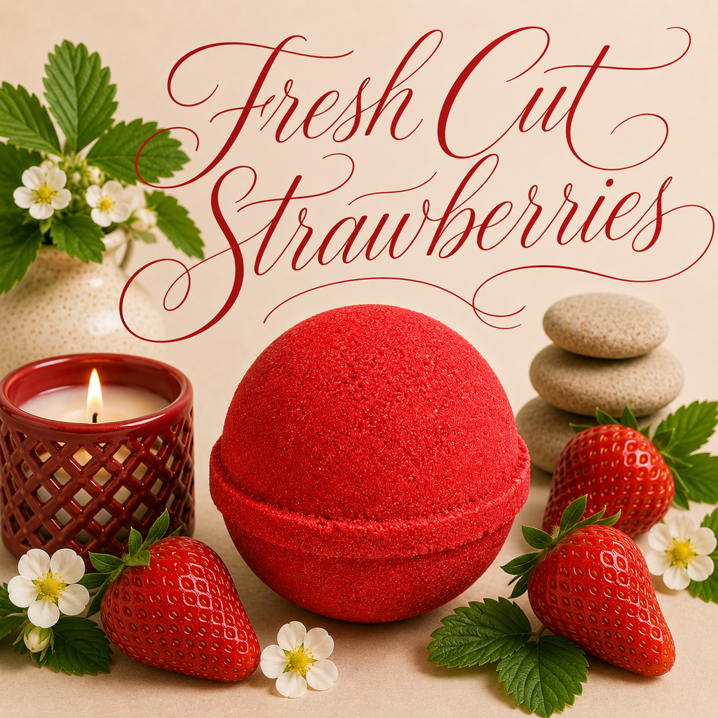 Fresh Cut Strawberries handmade bath bomb by Magnolia Grove Gifts