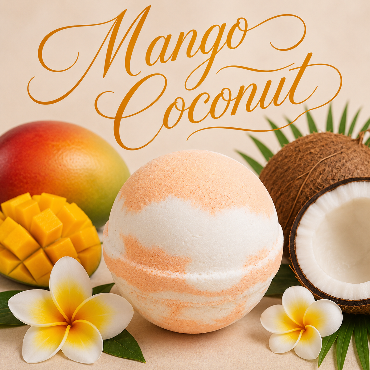 Mango Coconut handmade tropical bath bomb by Magnolia Grove Gifts