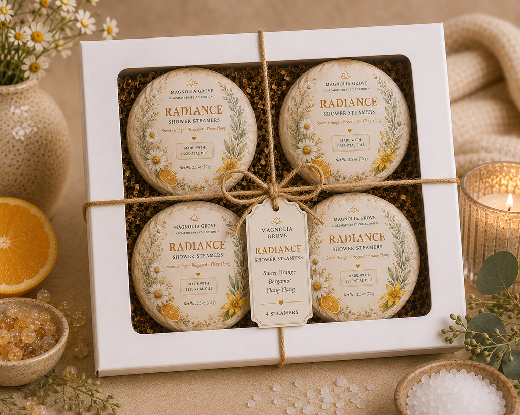 Radiance Shower Steamer package with sweet orange, lemon and ylang ylang fragrance