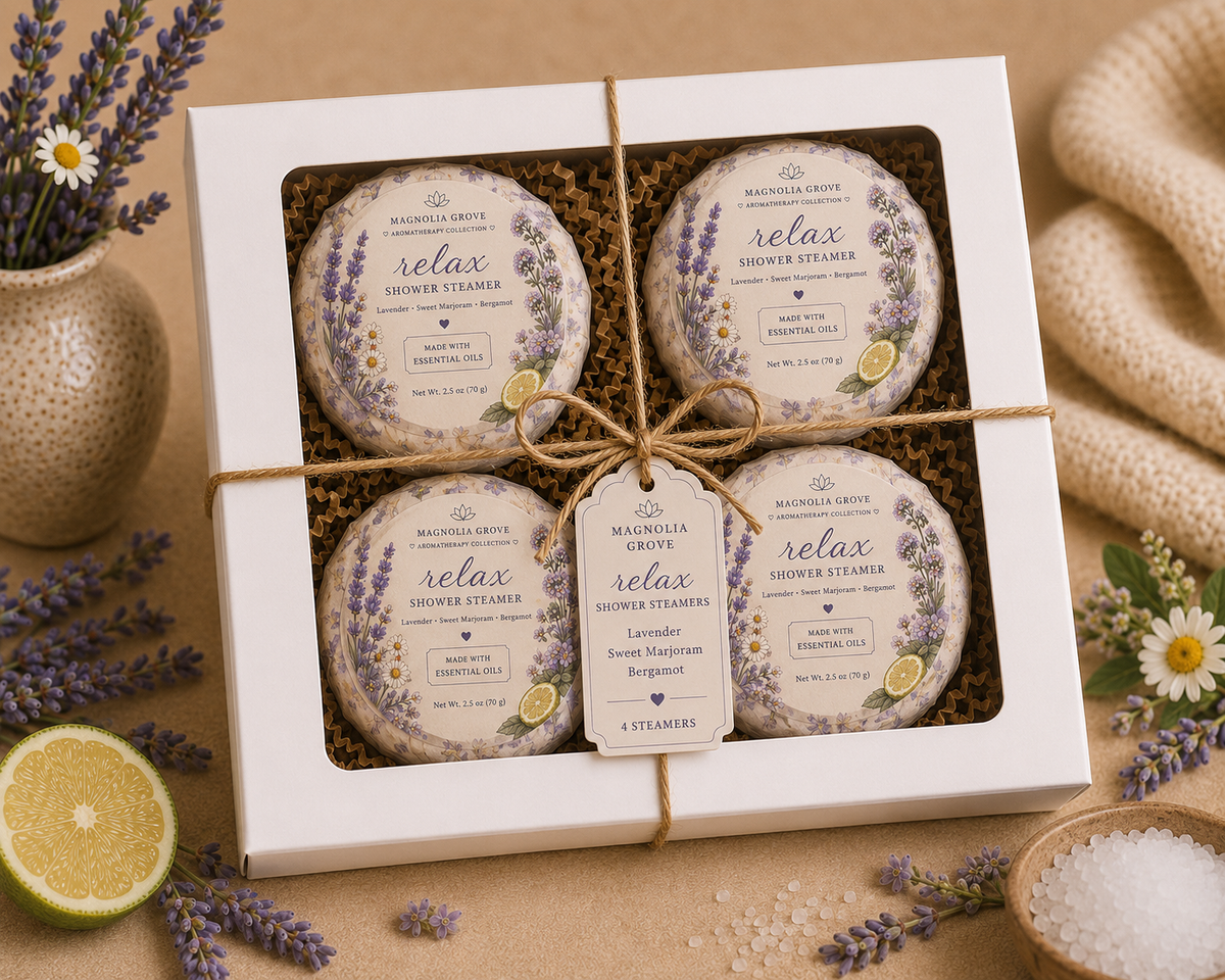 Relax Shower Steamer package with lavender, sweet marjoram and bergamot fragrance
