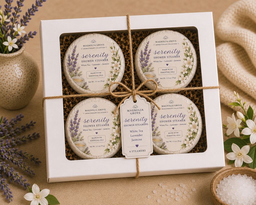 Serenity Shower Steamer package with white tea, lavender and jasmine fragrance