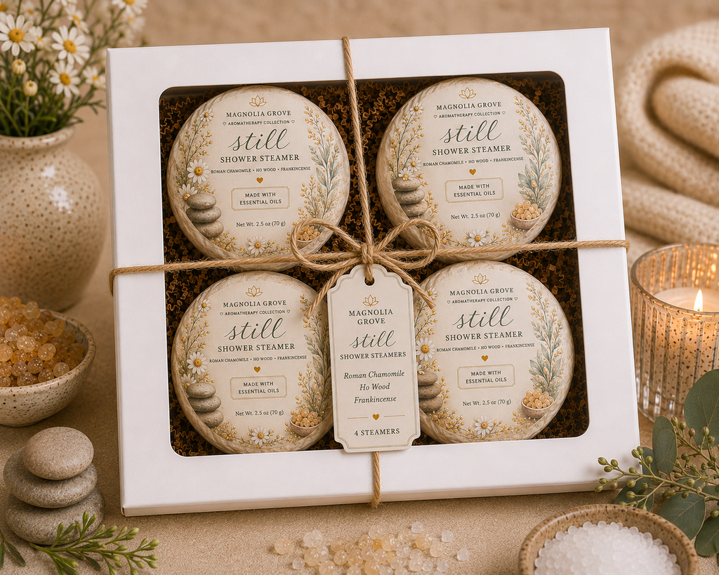 Still Shower Steamer package with Roman chamomile, ho wood and frankincense fragrance