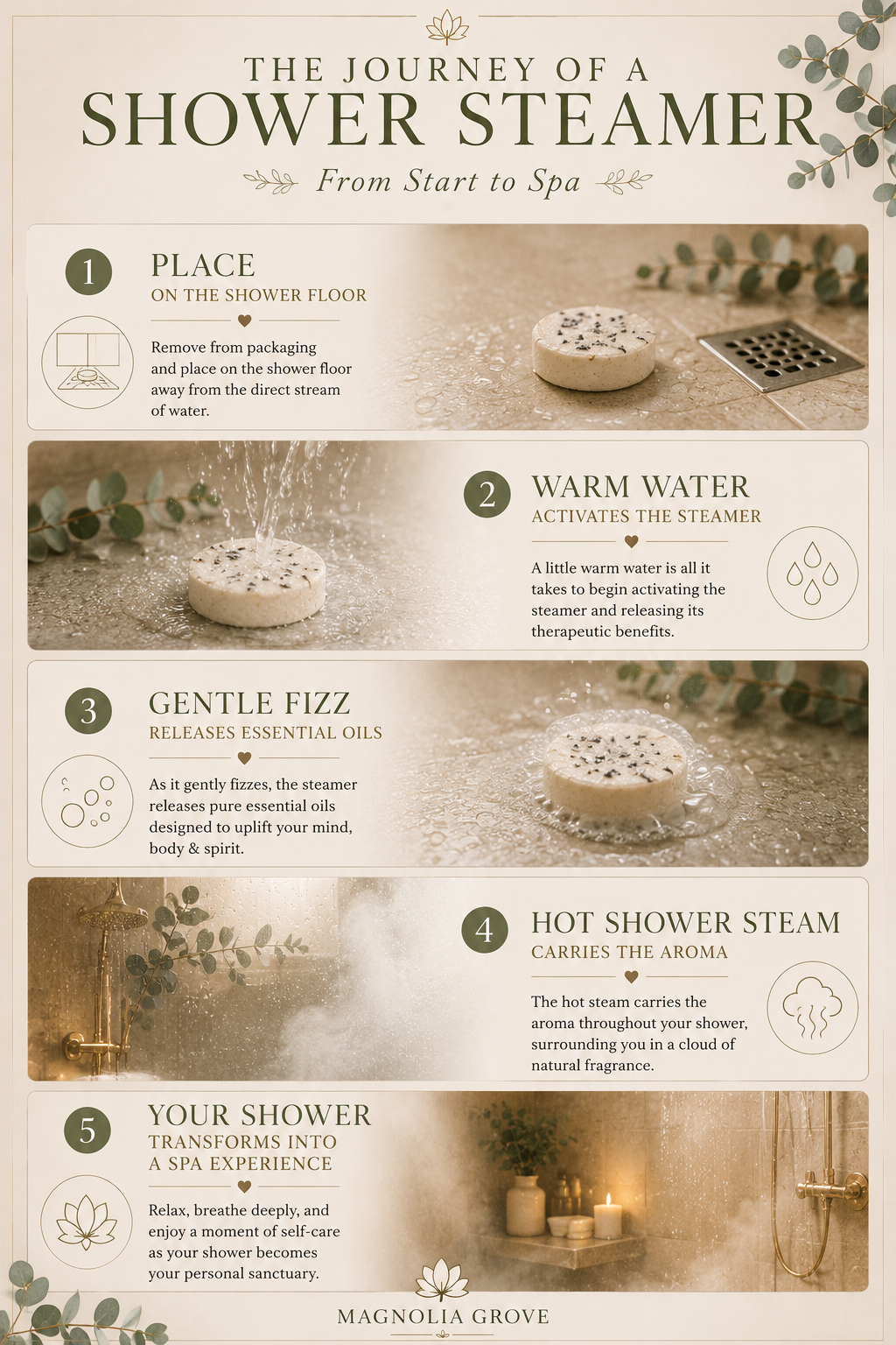 How a Magnolia Grove Shower Steamer releases essential-oil fragrance into warm shower steam