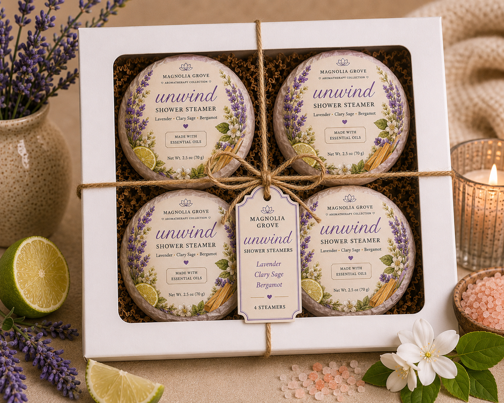 Unwind Shower Steamer package with lavender, clary sage and bergamot fragrance