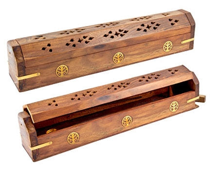 Tree of Life Carved Wooden Incense Box Burner – 12 Inch