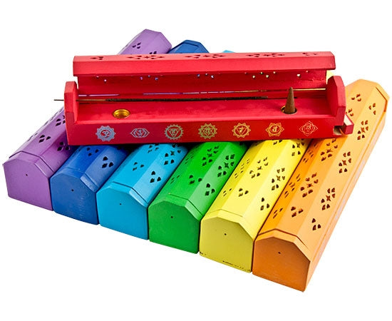 Seven Chakra Design Wooden Incense Box Burners – Set of 7, 12 Inch
