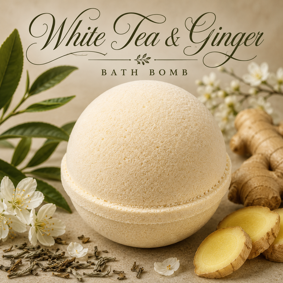 White Tea and Ginger handcrafted bath bomb from Magnolia Grove Gifts