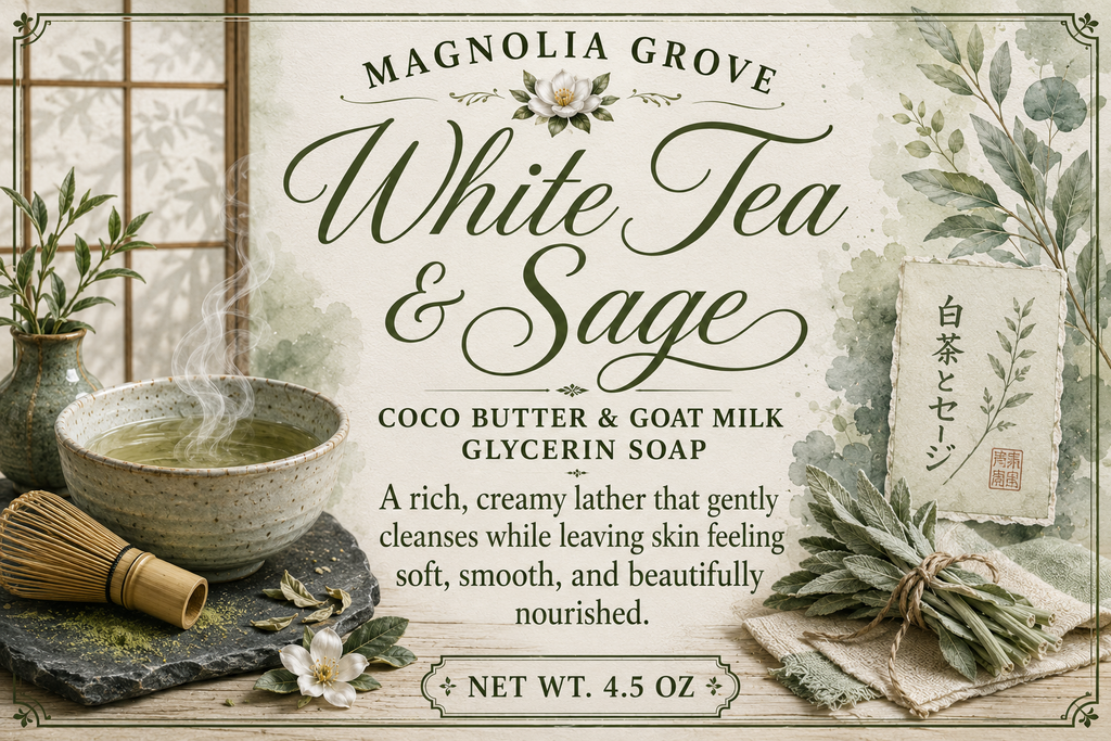 White Tea and Sage handmade soap product label