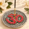 Om Symbol aluminum incense stick burner with red stone inlay