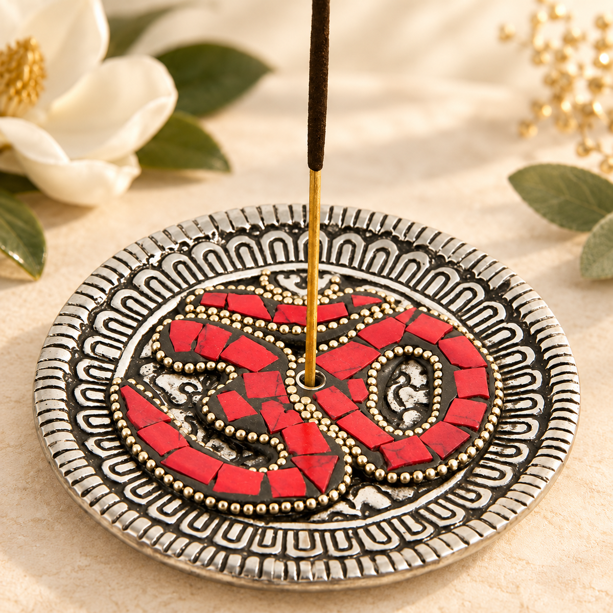 Om Symbol aluminum incense stick burner with red stone inlay