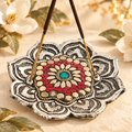 Lotus aluminum incense burner with red, cream, and turquoise inlay