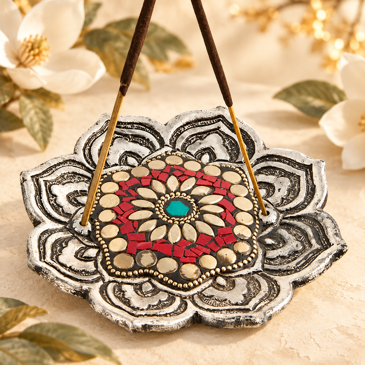 Lotus aluminum incense burner with red, cream, and turquoise inlay