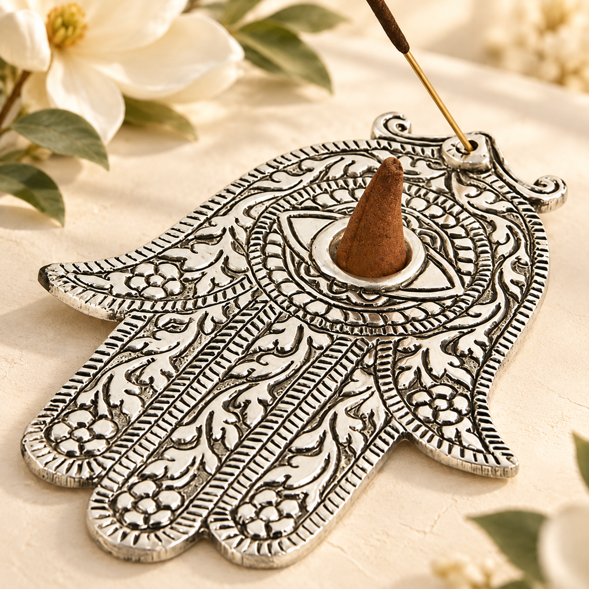 Silver Hamsa hand aluminum stick and cone incense burner