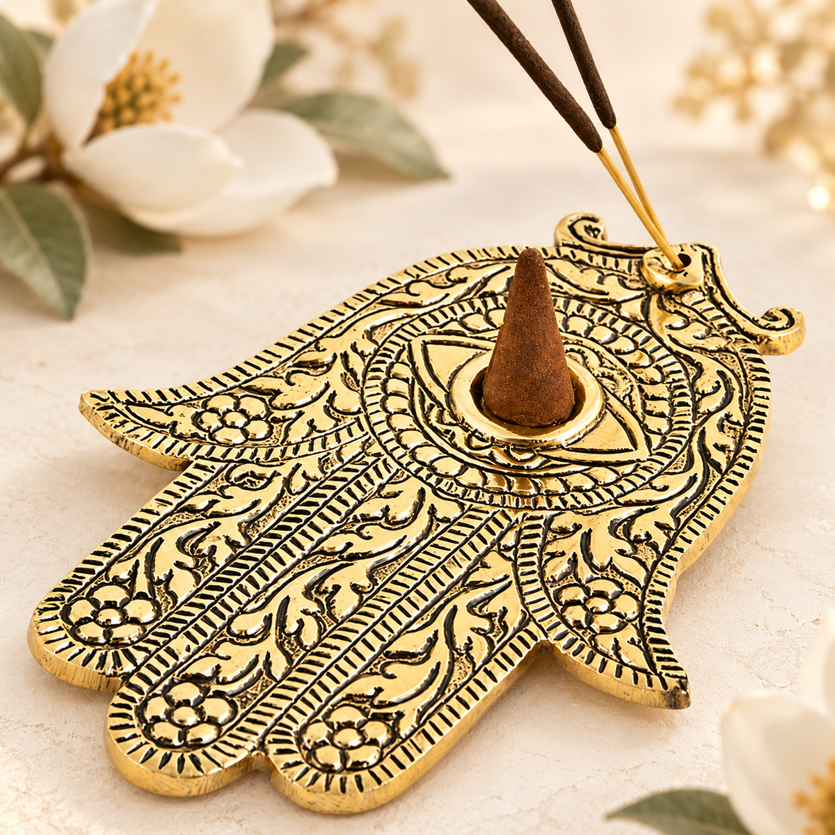 Gold Hamsa hand aluminum stick and cone incense burner
