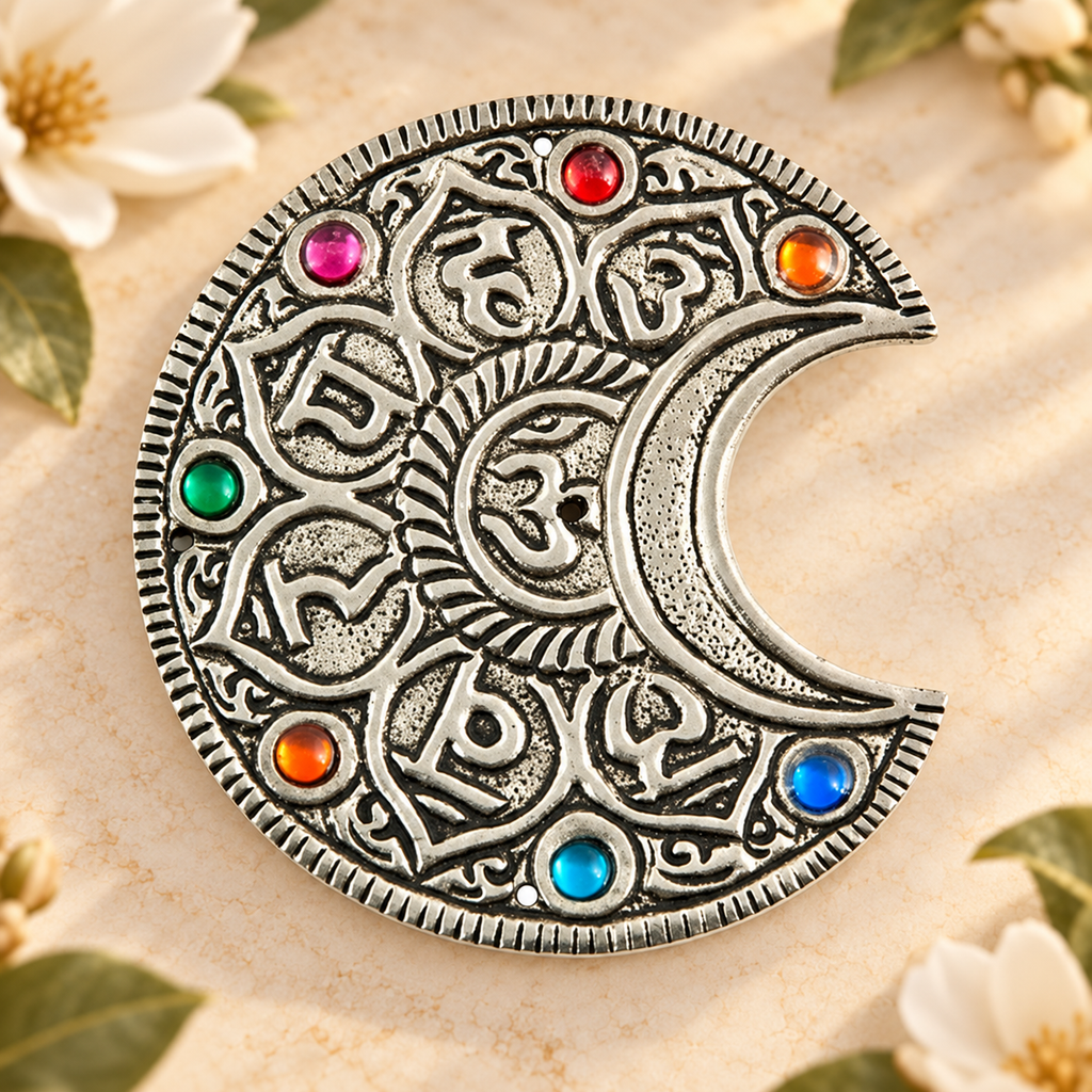Chakra Moon aluminum incense burner with seven colored stones in a warm Magnolia Grove setting