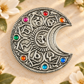 Chakra Moon aluminum incense burner with seven colored stones in a warm Magnolia Grove setting