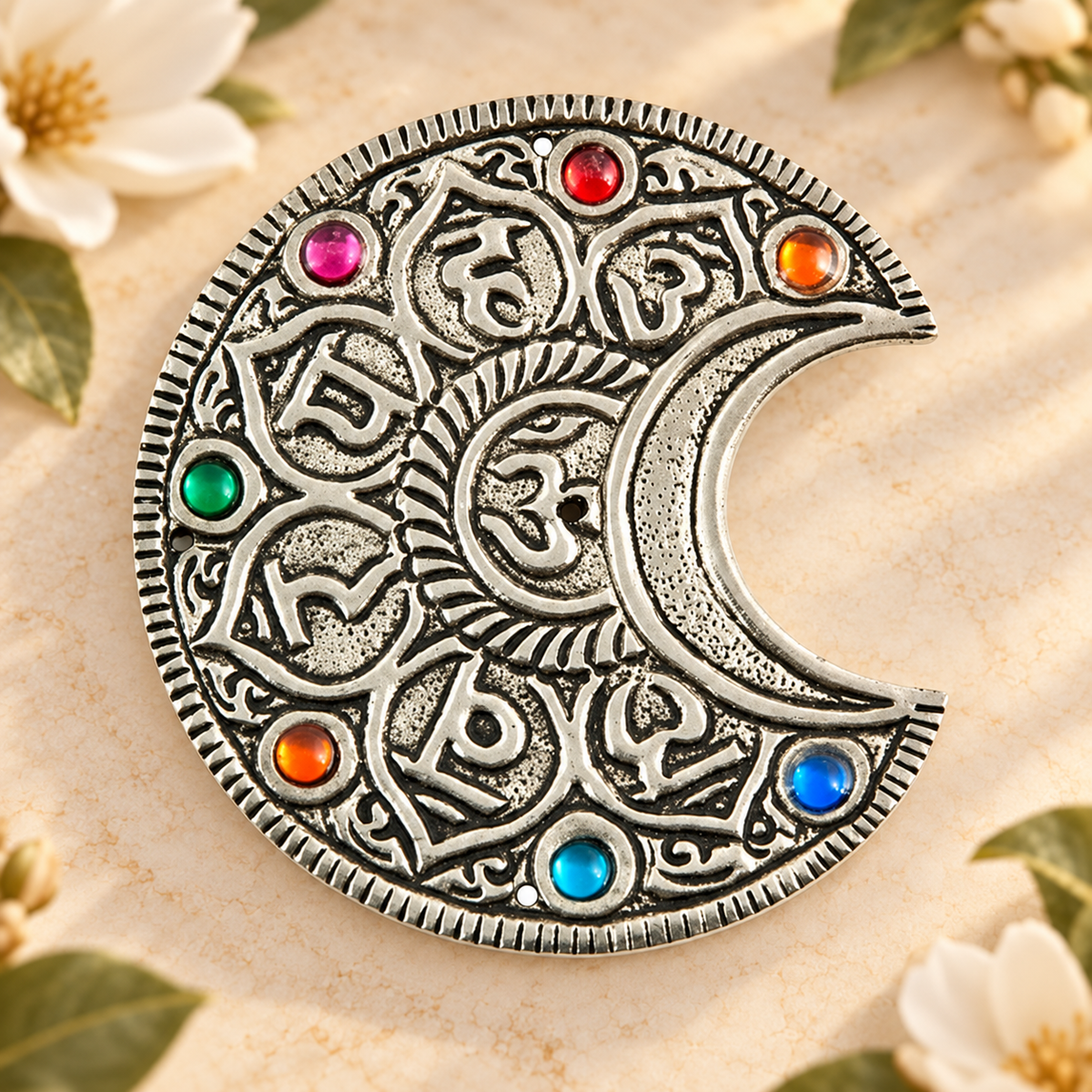 Chakra Moon aluminum incense burner with seven colored stones in a warm Magnolia Grove setting