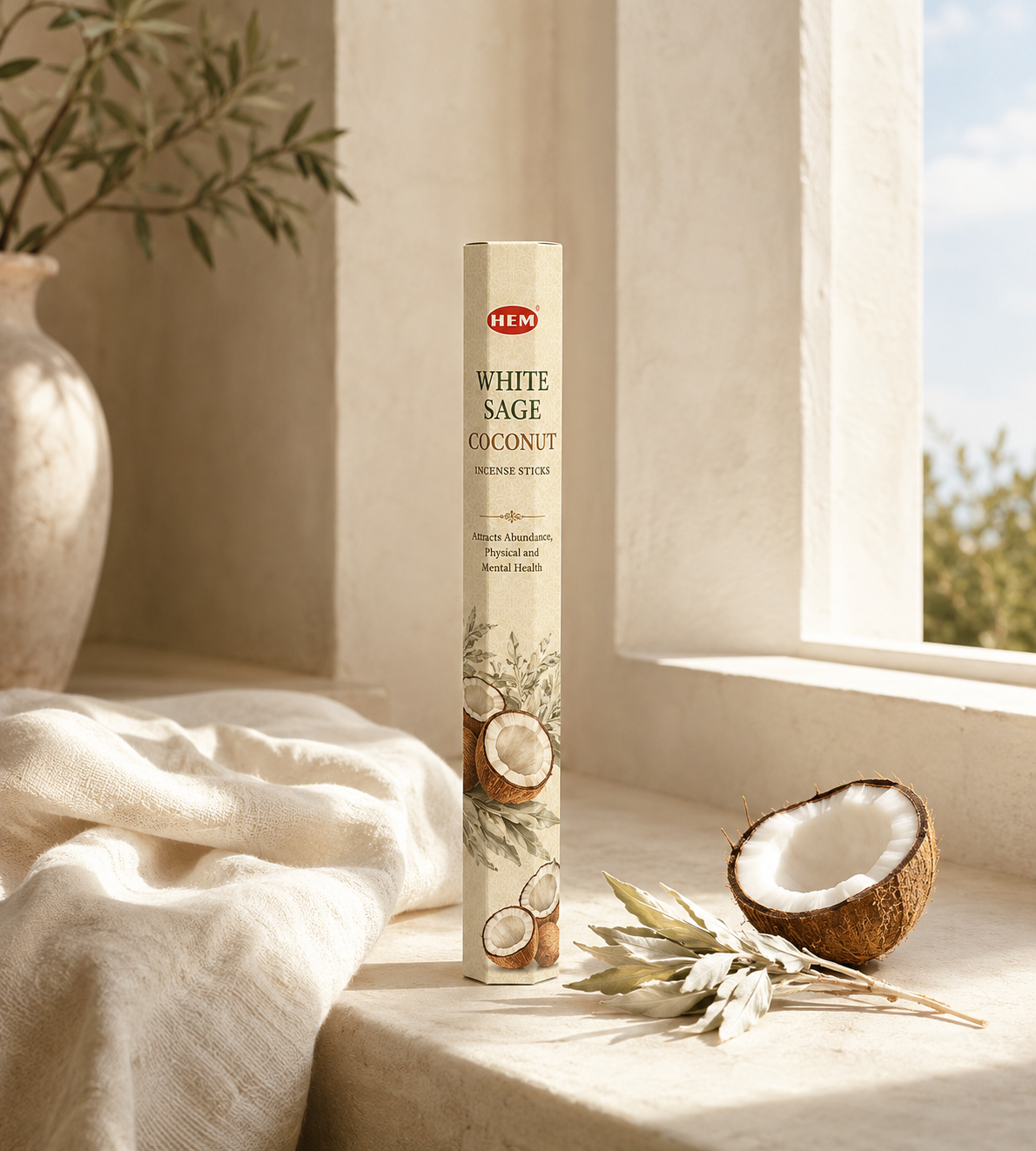 White Sage Coconut incense sticks with clean botanical styling