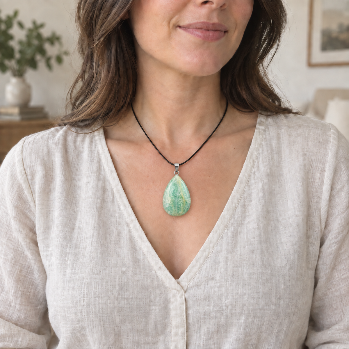 Amazonite drop pendant — lifestyle