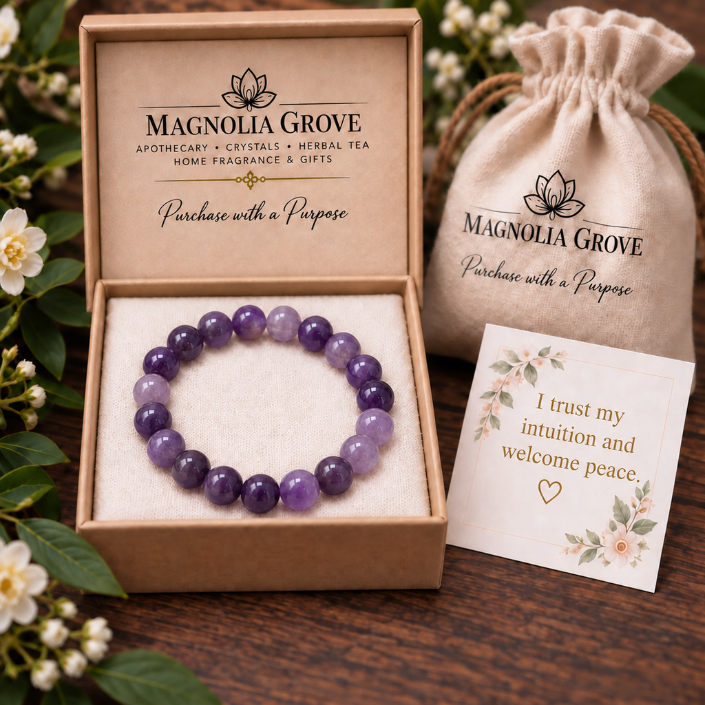 amethyst bracelet in Magnolia Grove gift packaging with affirmation: I trust my intuition and welcome peace.
