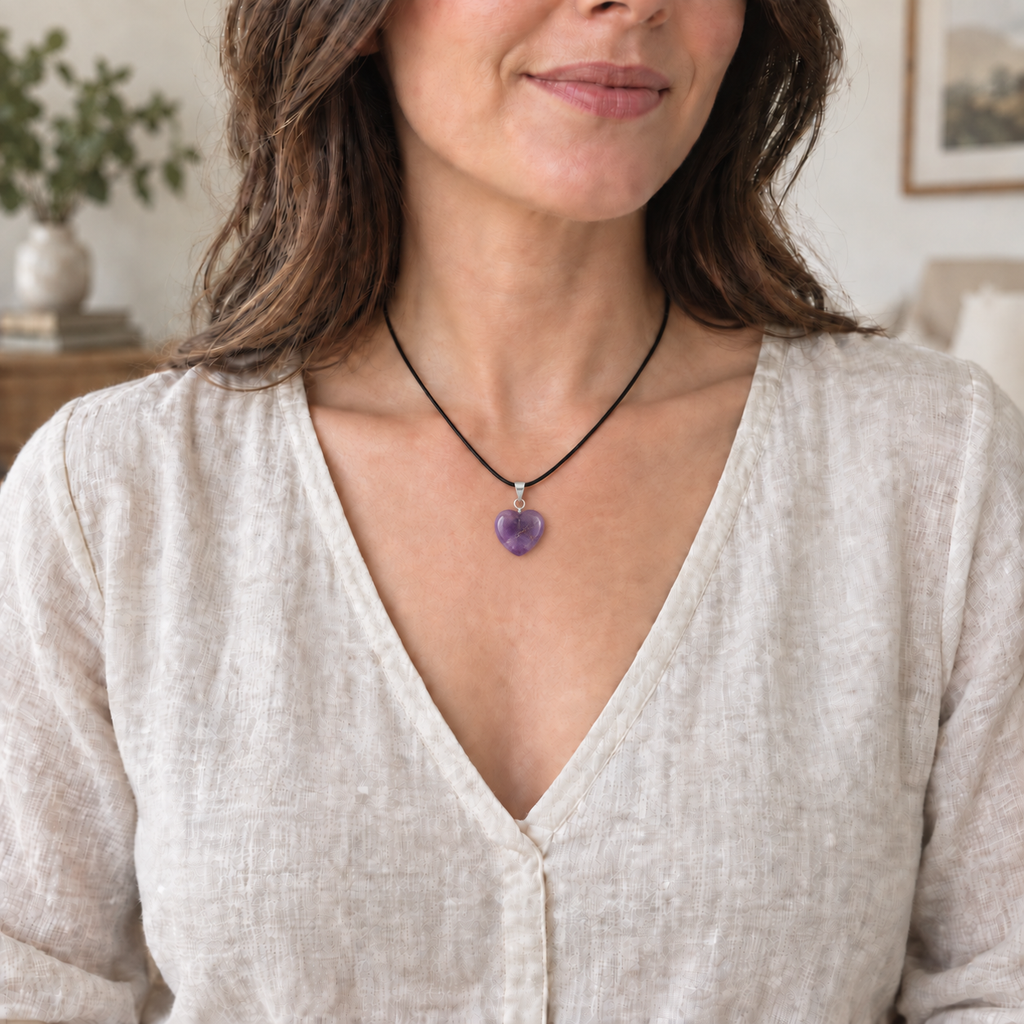 Amethyst Heart Pendant — On the necklace
