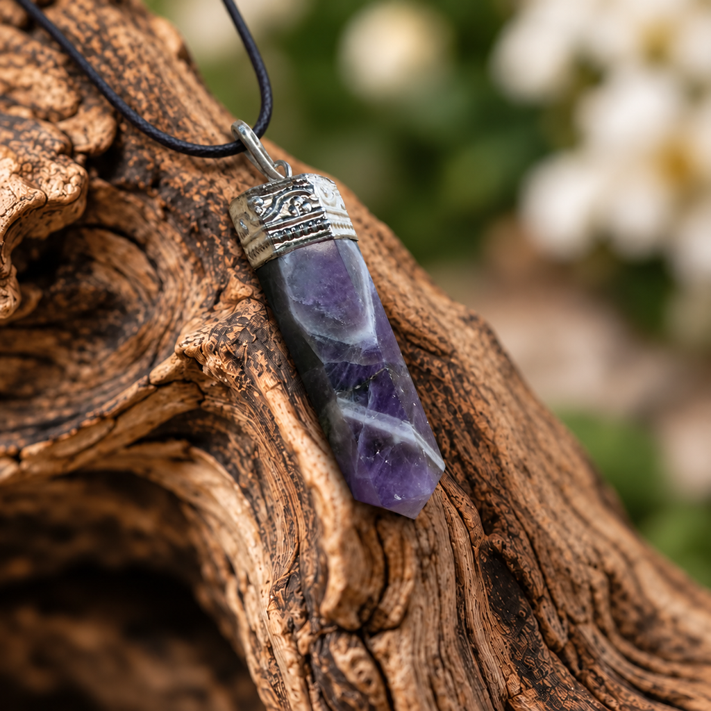 Amethyst pencil pendant — detail close-up