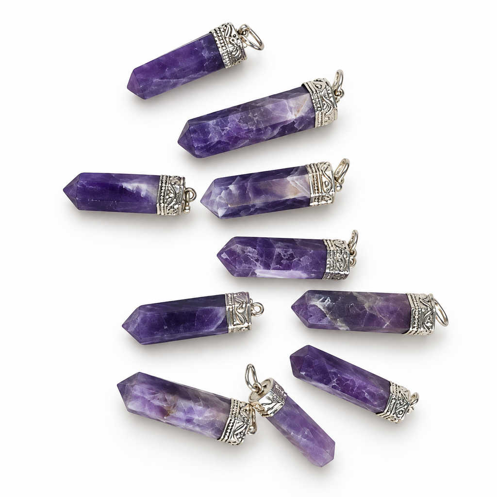 Amethyst pencil pendant — color and pattern variations