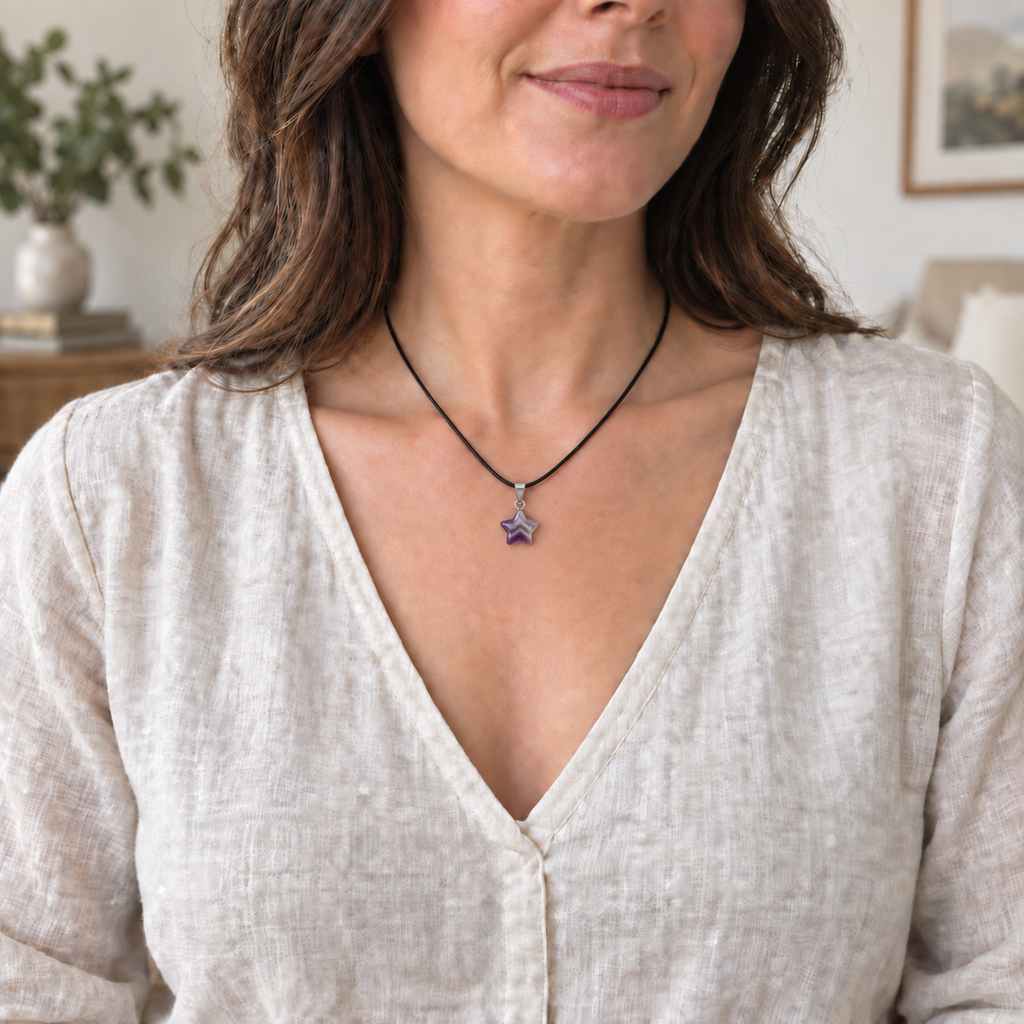 Amethyst Star Pendant — On the necklace
