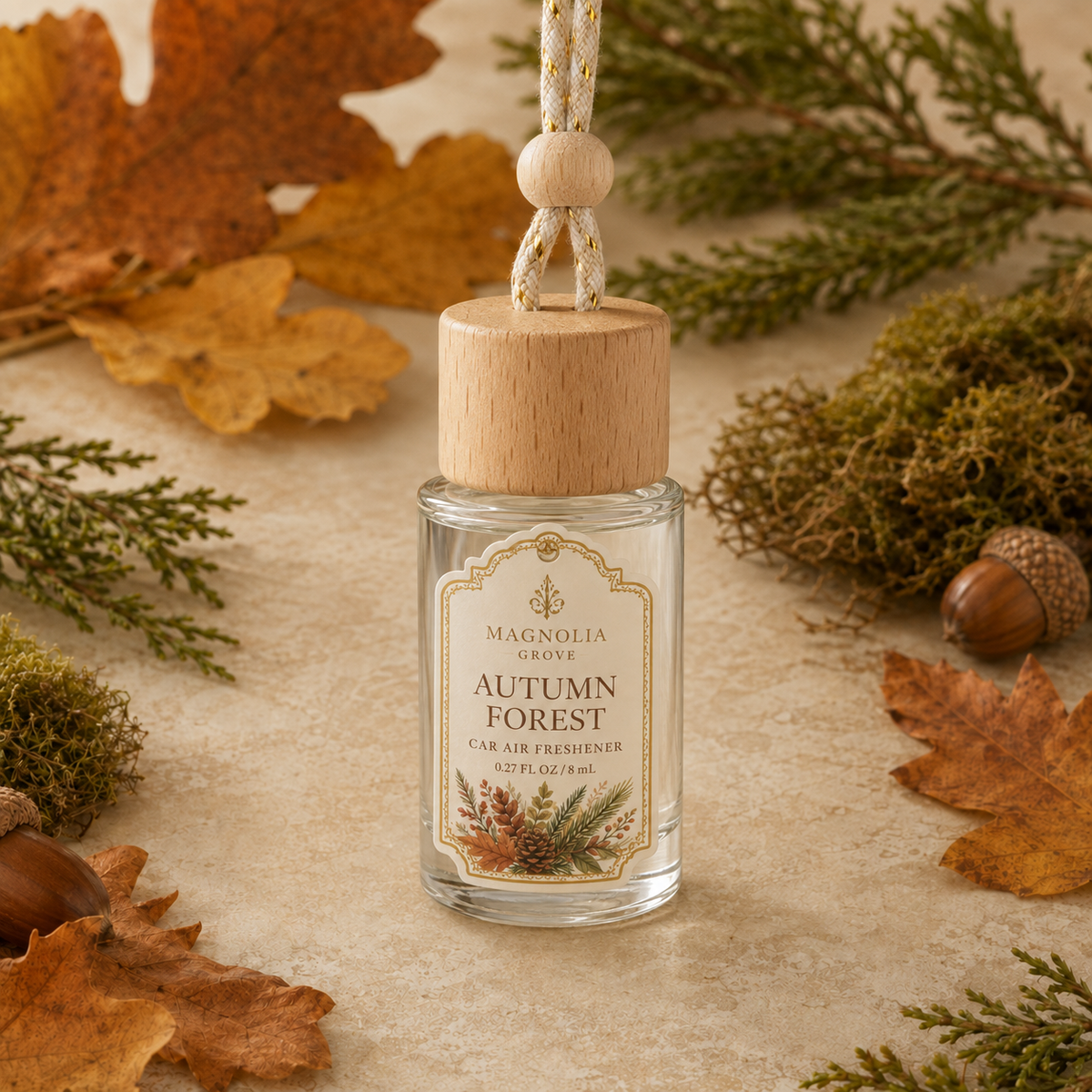 Autumn Forest Car Air Freshener — 8 mL glass bottle with wood cap