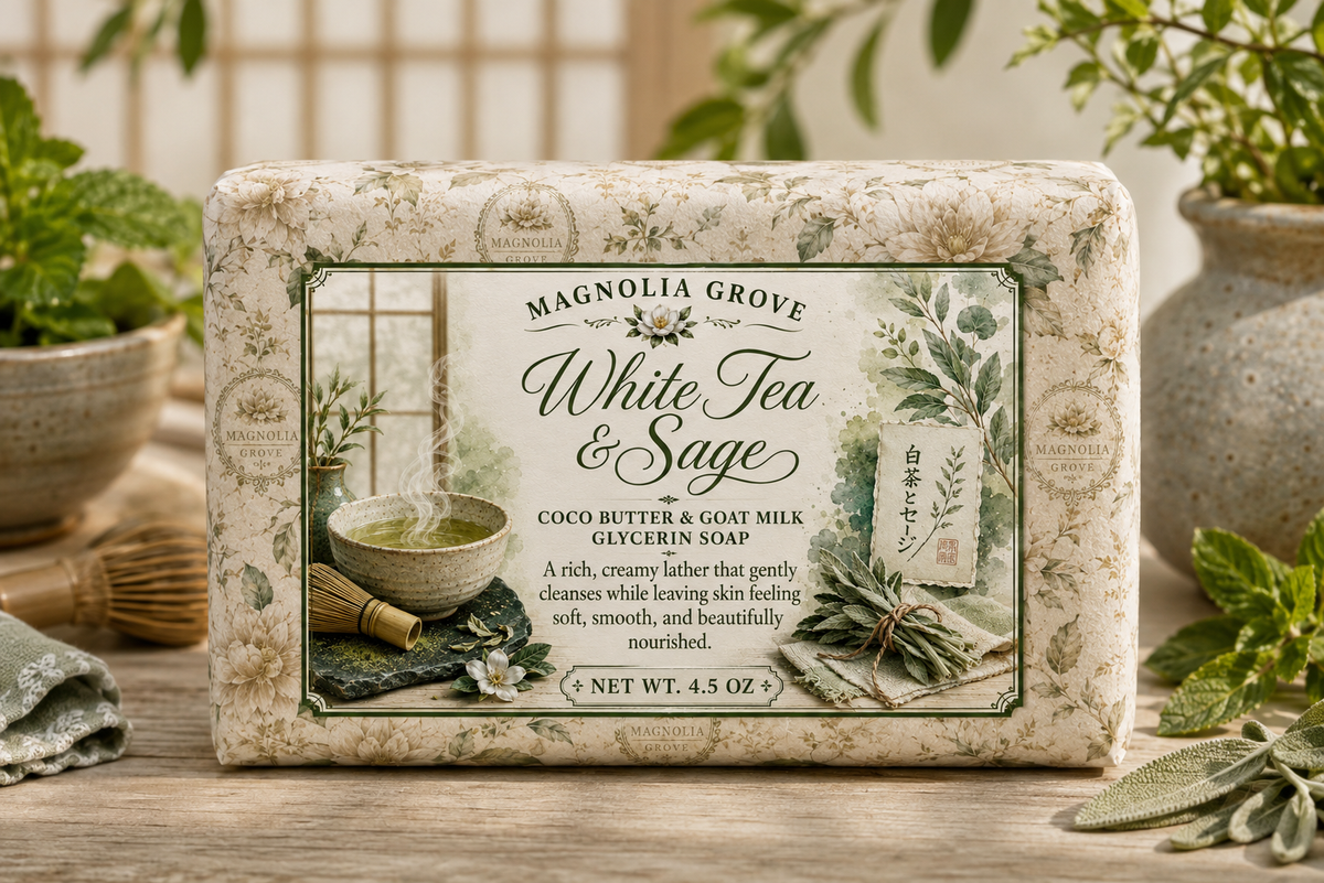 White Tea and Sage soap with botanical styling