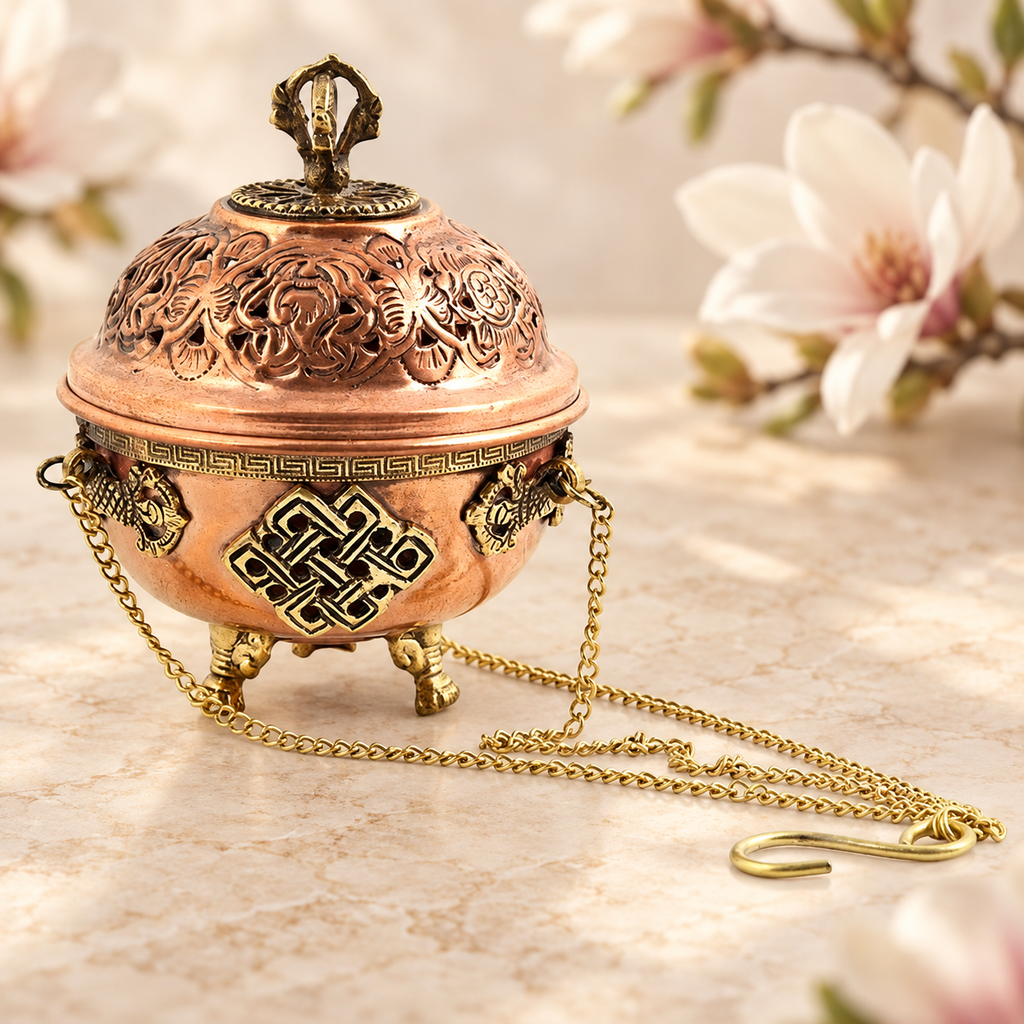 Tibetan Copper Hanging Censer – 5 in, Ornate
