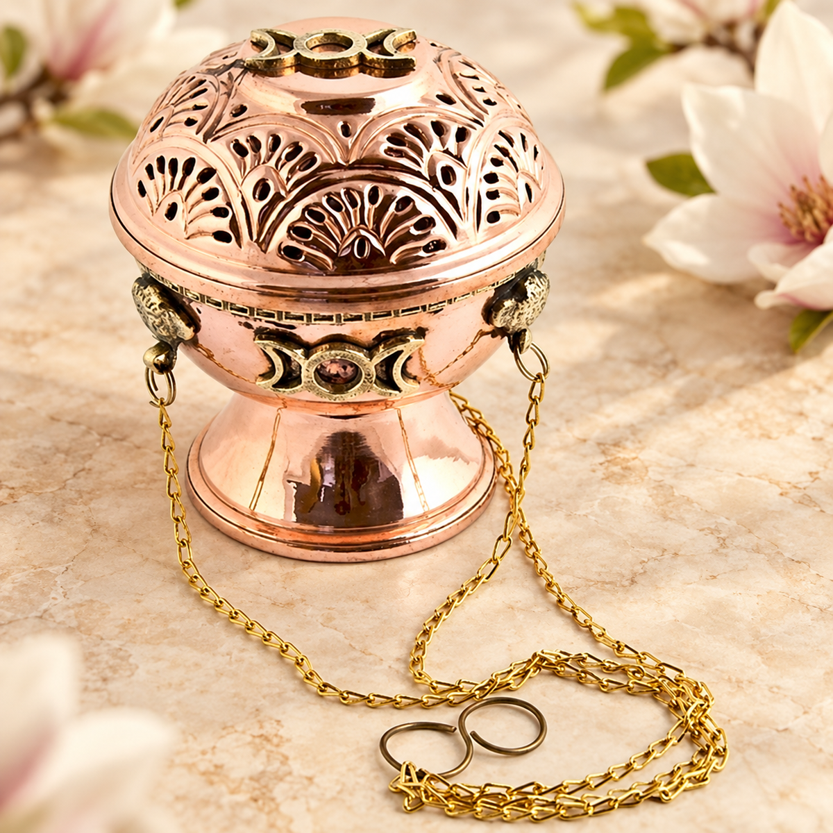 Triple Moon Tibetan Copper Hanging Censer – 5.5 in