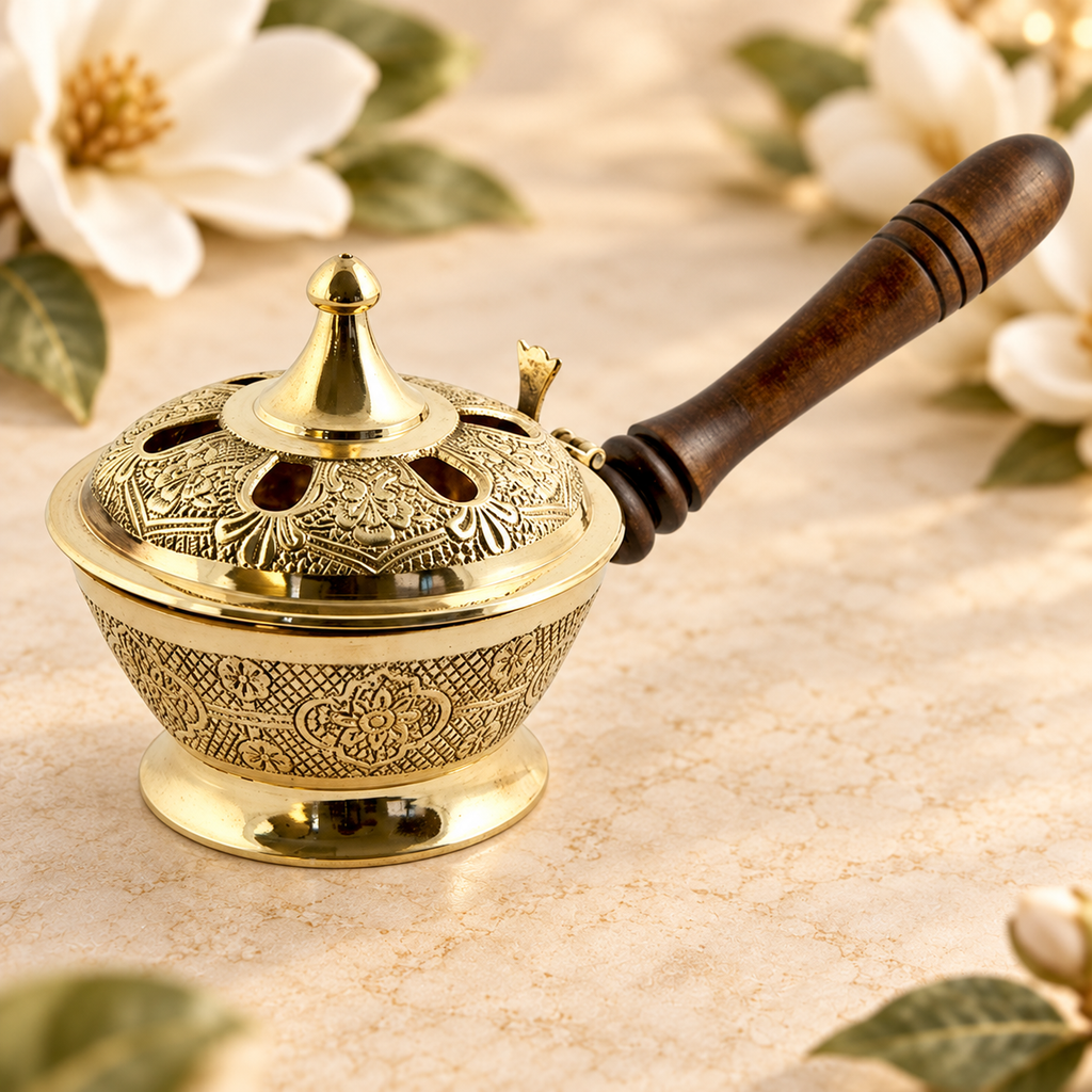 Brass Censer with Wooden Handle – 8 in in a warm Magnolia Grove setting